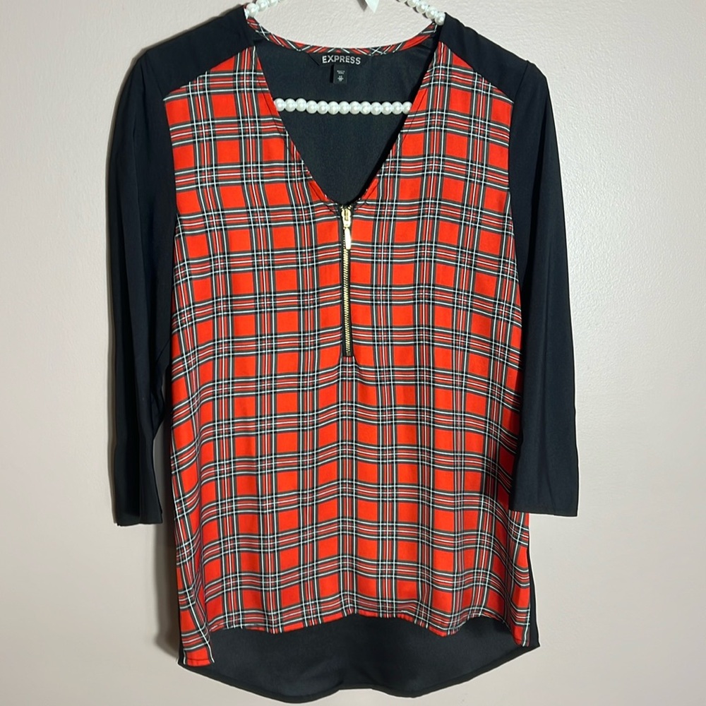 Express Zip Front Plaid Polyester Blouse